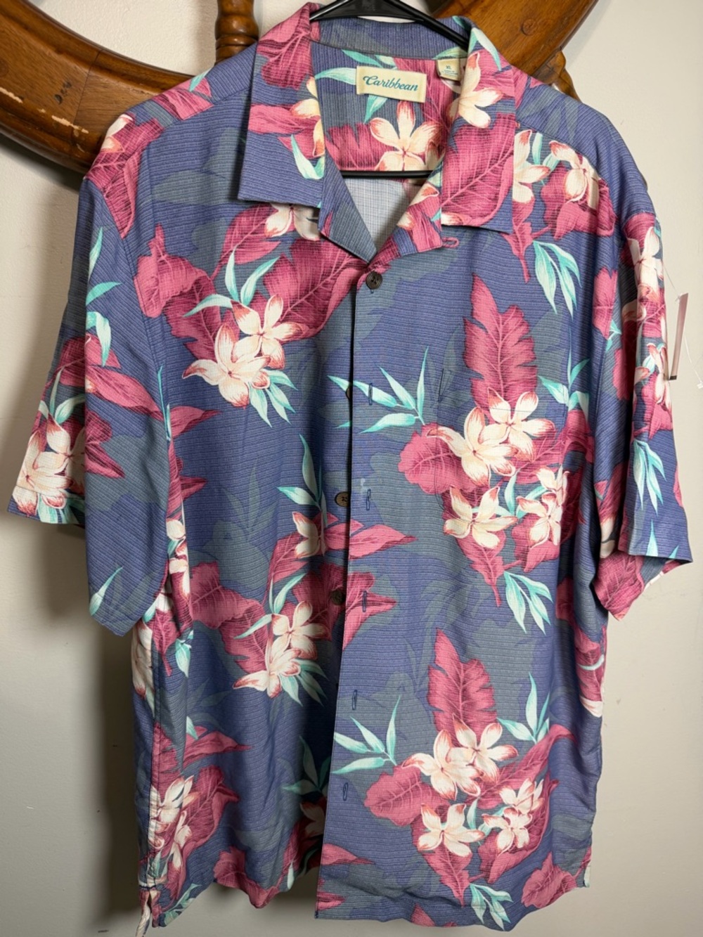 Vintage Caribbean Blue Floral Short Sleeve Button-Down Shirt